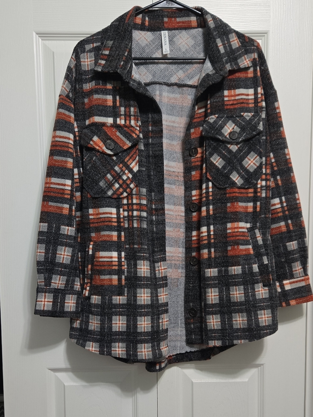 Zenana Outfitters Plaid Shacket in Black, Rust & Cream